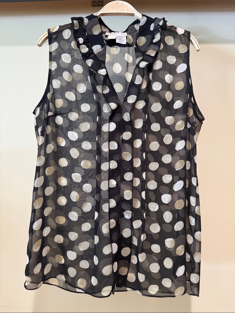 Coldwater Creek Black Sheer Polka-Dot Ruffle V-Neck Camisole